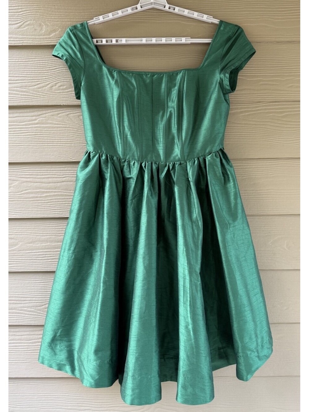 eShakti Women's XL Emerald Green Corset Pleated A-Line Cap Sleeve Midi Dress